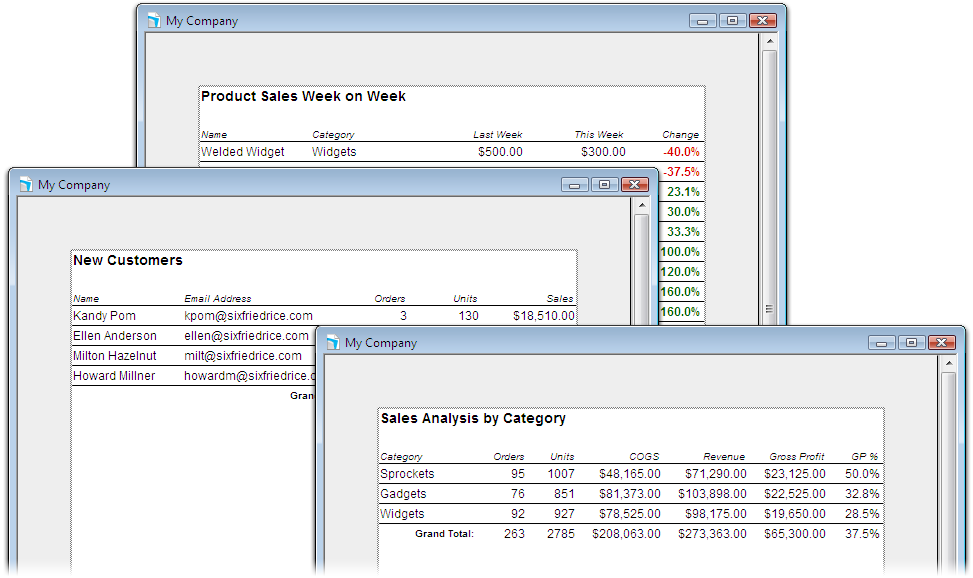 Three overlapping database windows, each showing a different report in Preview mode. The one at the back is titled "Product Sales Week on Week". The next is titled "New Customers". And the front-most is titled "Sales Analysis by Category".