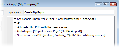 A FileMaker script showing a Set Variable step, a comment, a Go To Layout step, and a Save Records as PDF step.