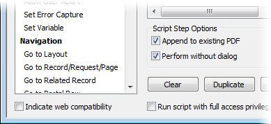 Detail of the Save Records as PDF script step options showing the "Append to existing PDF" checkbox.