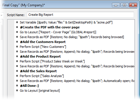 The same script as before but now it has several repeated sets of steps: a comment, a Perform Script step, and a Save Records as PDF.