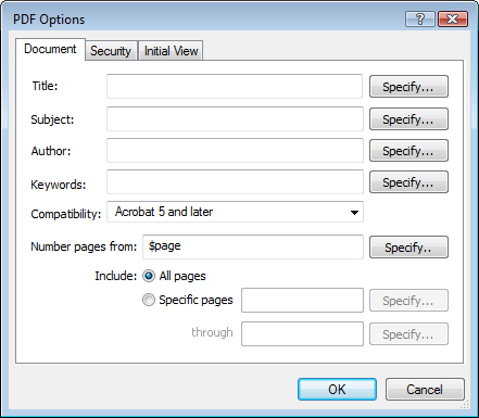 The PDF Options dialog box, where the "Number pages from" input is shown.