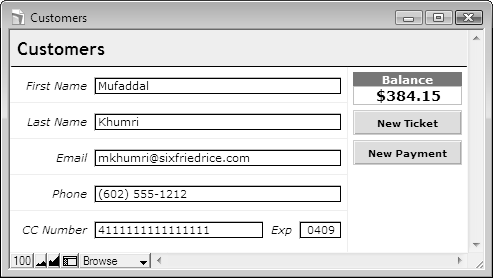 A FileMaker Database window in form view. It shows First Name, Last Name, Email, Phone Number, and Credit Card Number fields as well as a large Balance dollar amount and two buttons: "New Ticket" and "New Payment".