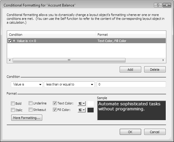 The Conditional Formatting dialog box. The condition list has one item with condition "Value is <= 0" and format "Text Color, Fill Color".