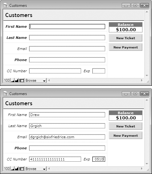 Two versions of the same database window. In one, the fields are all empty and the First Name, Last Name, and Phone field labels are bold. In the second, these fields have values and the labels are no longer bold.