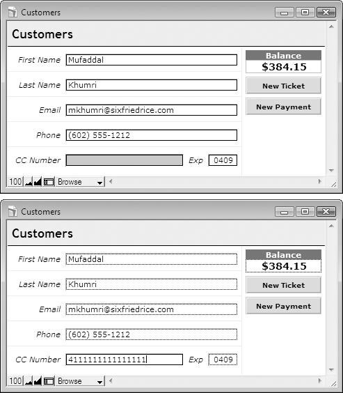 Two copies of the databse window again. On the top, the Credit Card field shows solid greay—no text is readable. On the bottom the user has clicked into the field and the credit card number is displayed..