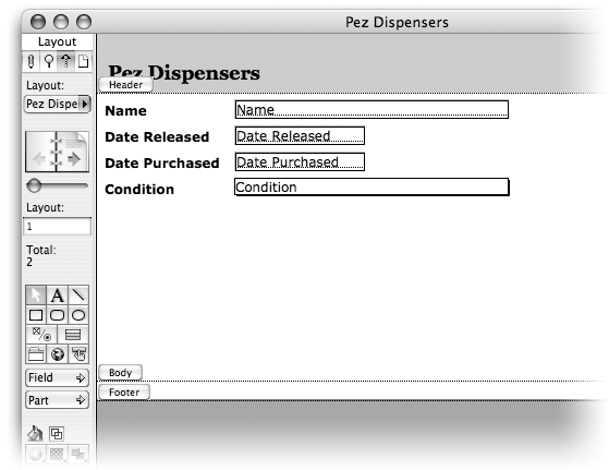 A database window with a header part showing the text "Pez Dispensers" and a body part showing four fields arranged nicely.