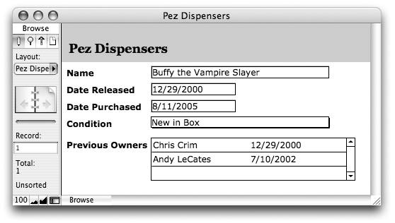 The same database window as shown previously. Now it has a scrollable list of previous owners.