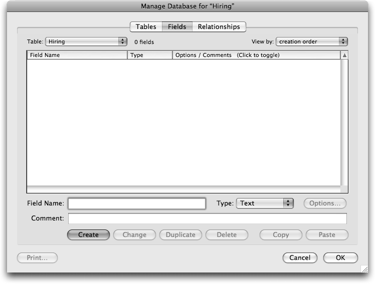 FileMaker's Manage Databse window. It has three top level tabs: "Tables", "Fields" and "Relationships". "Fields" is currently selected. There's space for a list of fields, but it is currently empty.