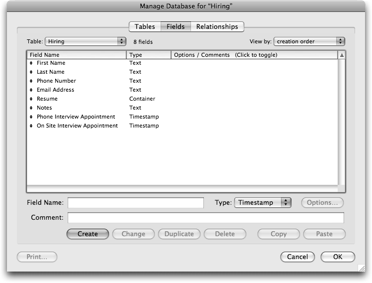 The Manage Database window now has these fields and types: "First Name" (text), "Last Name" (text), "Phone Number" (text), "Email Address" (text), "Resume" (container), "Notes" (text), "Phone Interview Appointment" (timestamp), "On Site Interview Appointment" (timestamp).