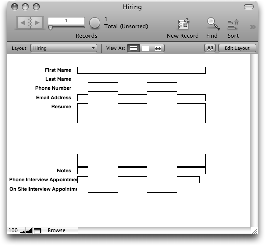 A window with a plain white background and eight input fields. Each field has a label in black boldface text. The names match what was shown in the Field list in Figure 2. Most fields are big enough for one line of text, but the Resume field is a large rectangle as tall as it is wide.