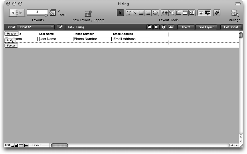 The window shows the list layout now. The header, body, and footer parts are each about one inch tall. All the fields are in a horizontal row on the body part.