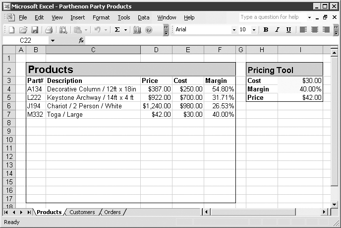 An Excel spreadsheet with two sections. The first shows a list of products with a Part Number, Description, Price and Cost. To the right there is a small box where you can enter a cost and margin and it will calculate the price.