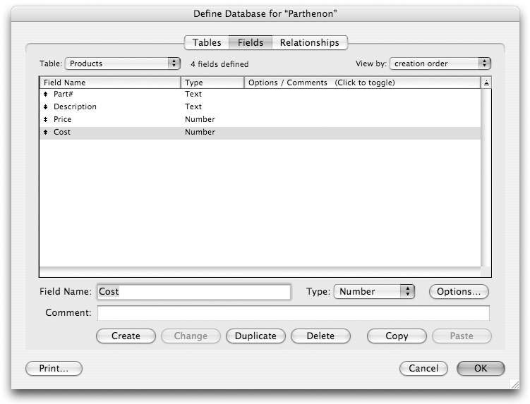 The Fields tab of the Define Database window showing a list of the four fields just created.