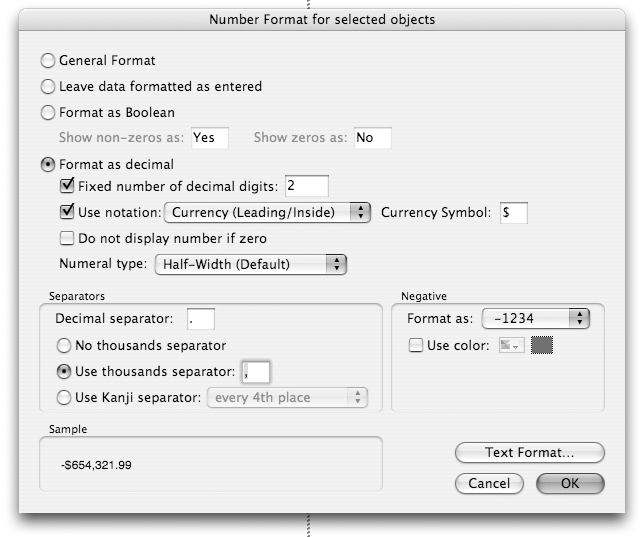 FileMaker's Number Format dialog box, showing many radio buttons, checkboxes, and pop-up menus. The Format as Decimal radio button is enabled. The "Fixed number of decimal digits" checkbox is enabled with its value set to "2". And the "Use notation" checkbox is enabled, set to "Currency (Leading/Inside)" with a "Currency Symbol" of "$".