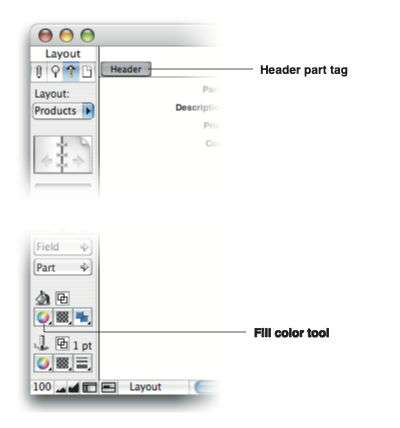 Detail of two parts of the FileMaker window. At the top, the "Header" tag is highlighted and labeld "Header part tag". At the bottom, the cluster of tools in the Status are is shown, and the "Fill color tool" is indicated.