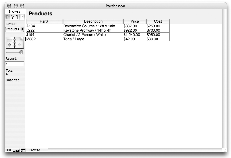 The database window now with a grey header and the text "Products". The "Price" and "Cost" fields in the list also show as dollar amounts.