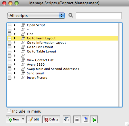 FileMaker's Manage Scripts window with a list of scripts.