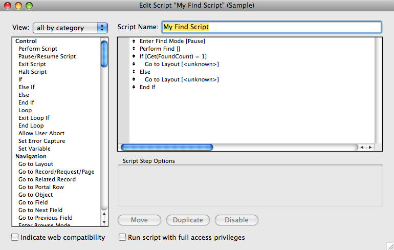 A script window with several steps, including two instances of the "Go to Layout" step. In each case, the step says "Go to Layout <unknown>".