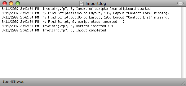 A window showing the contents of a log text file. Each line has a date and time, and message. On the second line the message ends with "Layout 'Contact Form' missing."