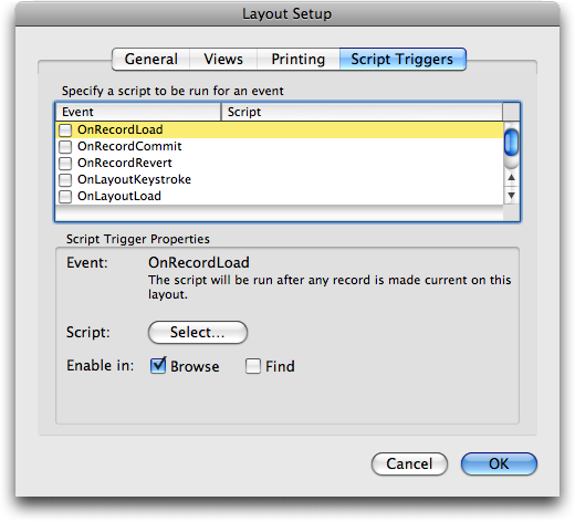 The Layout Setup dialog box with the new Script Triggers tab selected. The above list of triggers is shown, which a checkbox by each. There is a section at the bottom where you can configure the selected step.