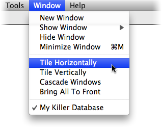 Detail of the Window menu in FileMaker Pro. Items are, from top to bottom, "New Window", "Show Window" (with sub-menu not shown), "Hide Window", "Minimize Window", "Tile Horizontally", "Tile Vertically", "Cascade Windows", "Bring All to Front", and "My Killer Database".