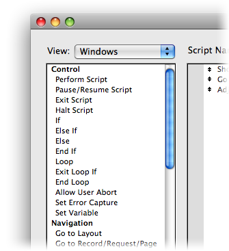 Detail of the script step list in Script Maker with "Windows" selected in the "View" menu.