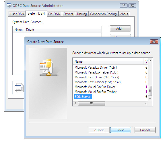 The "Create New Datasource" window in Microsoft Windows' "ODBC Data Source Administrator". It is on step one now, showing a list of available drivers.