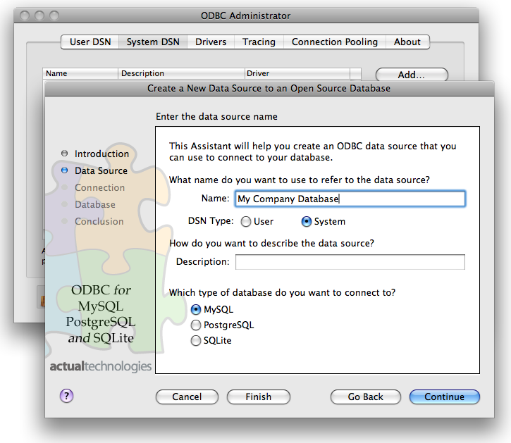 The "Create New Data Source" window in the "ODBC Administrator app on Mac OS X. It is on step one now, asking for a data source name.