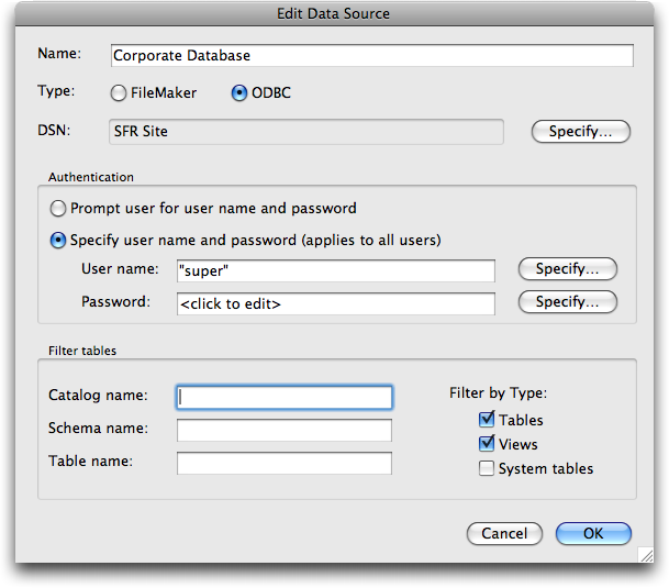 FileMaker's "Edit Data Source" window with the ODBC radio button enabled and "Specify username and password" turned on.