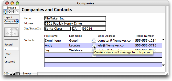 A database window showing a company record with a portal of contacts. Each contact has a name, phone number, and email address. There is a small envelope icon next to each email address. The mouse arrow is pointing to one of these, and the tooltip is showing with the text entered above.