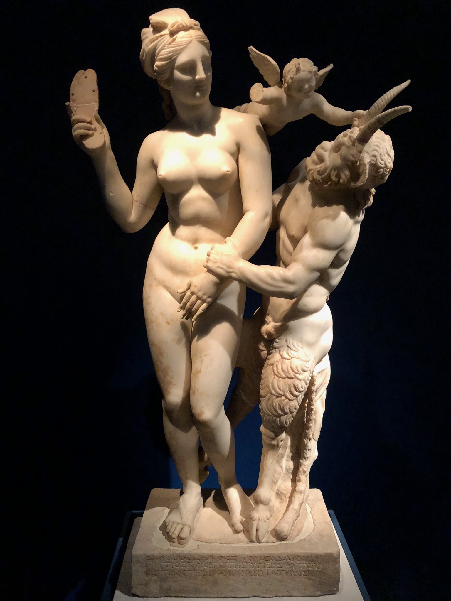 This statue is so great. Aphrodite naked, possibly emerging from a bath. Pan is pestering her and she’s about to smack him with her sandal (and you can see she only has a sandal on one foot). Eros is trying to diffuse the situation. Give him hell, Aphrodite.