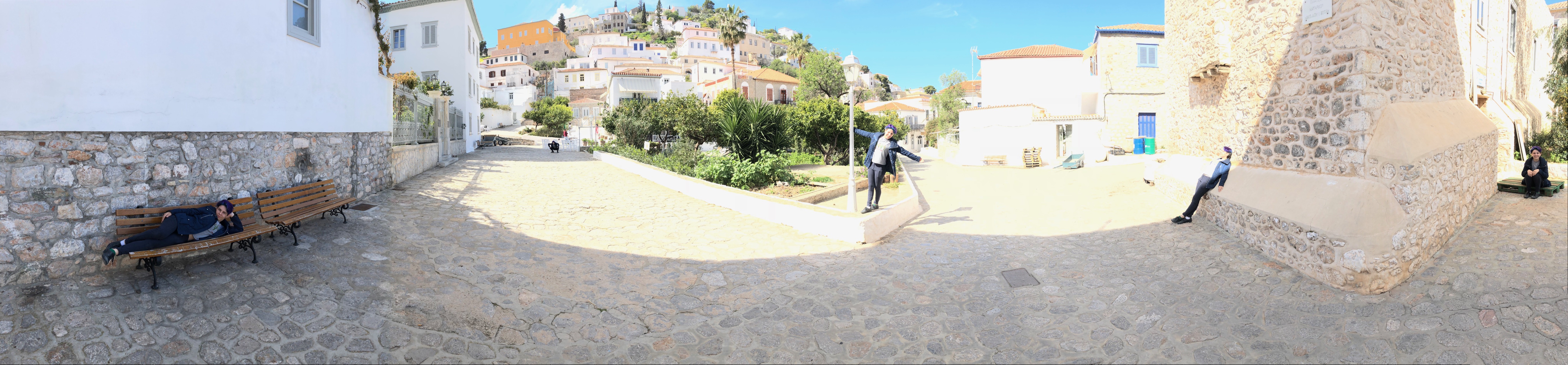 Five Prime Ministers Square in town. We stopped at a bakery for local treats: Local traditional egg custard in phyllo with honey, and a few little powdered-sugar almond cookies.