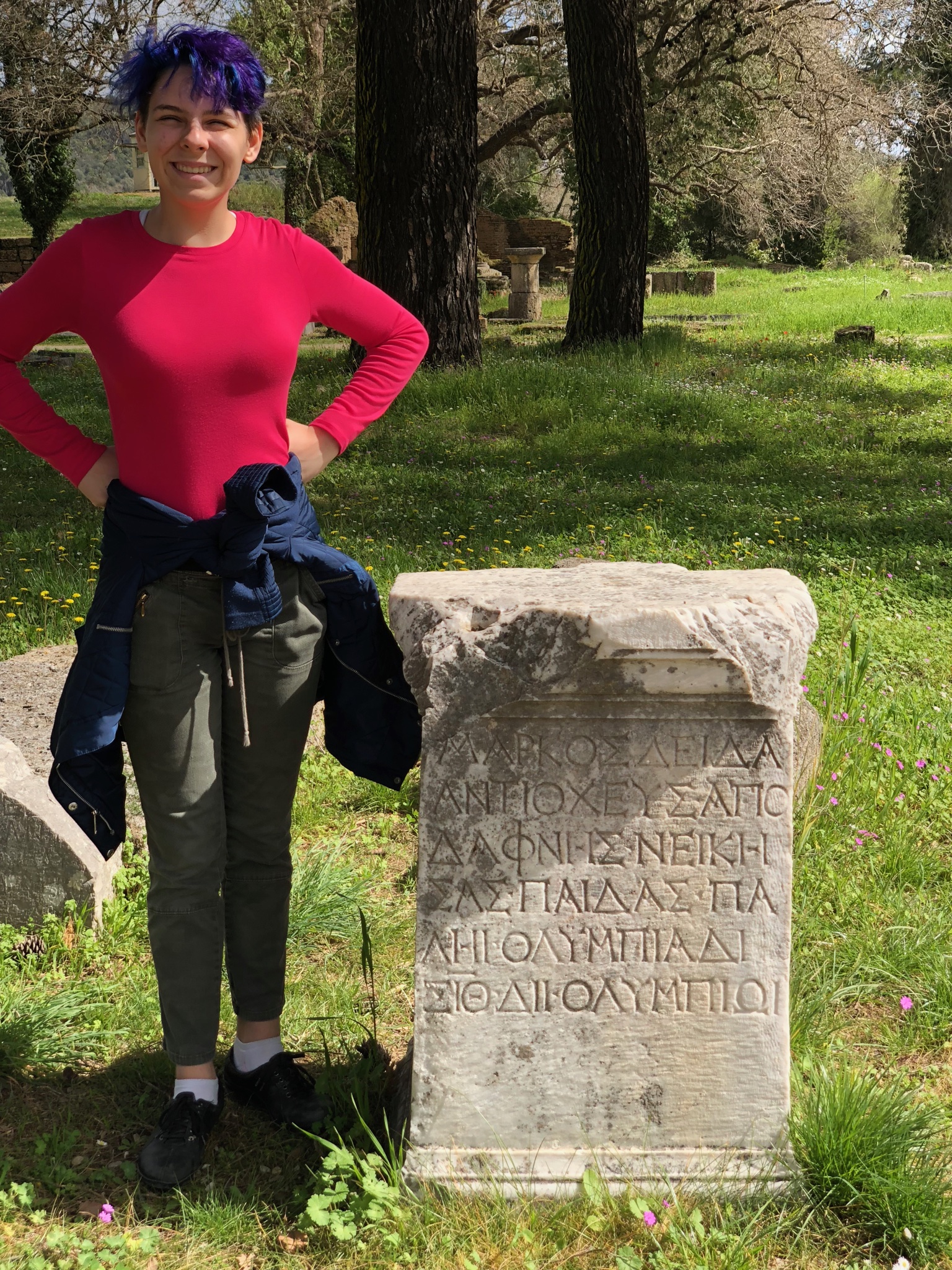 Sophia with the pedestal that used to hold a statue of some Olympic event winner. Statue’s gone but good old ΜΑΡΚΟΣΔΕΙΔΑ will be remembered!