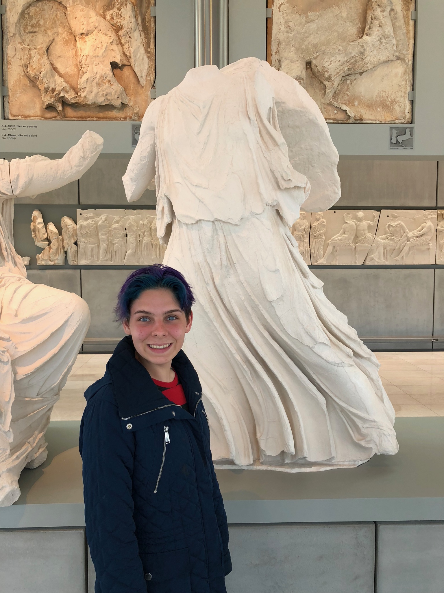 Sophie with (a cast of) a statue of Artemis originally on a pediment.