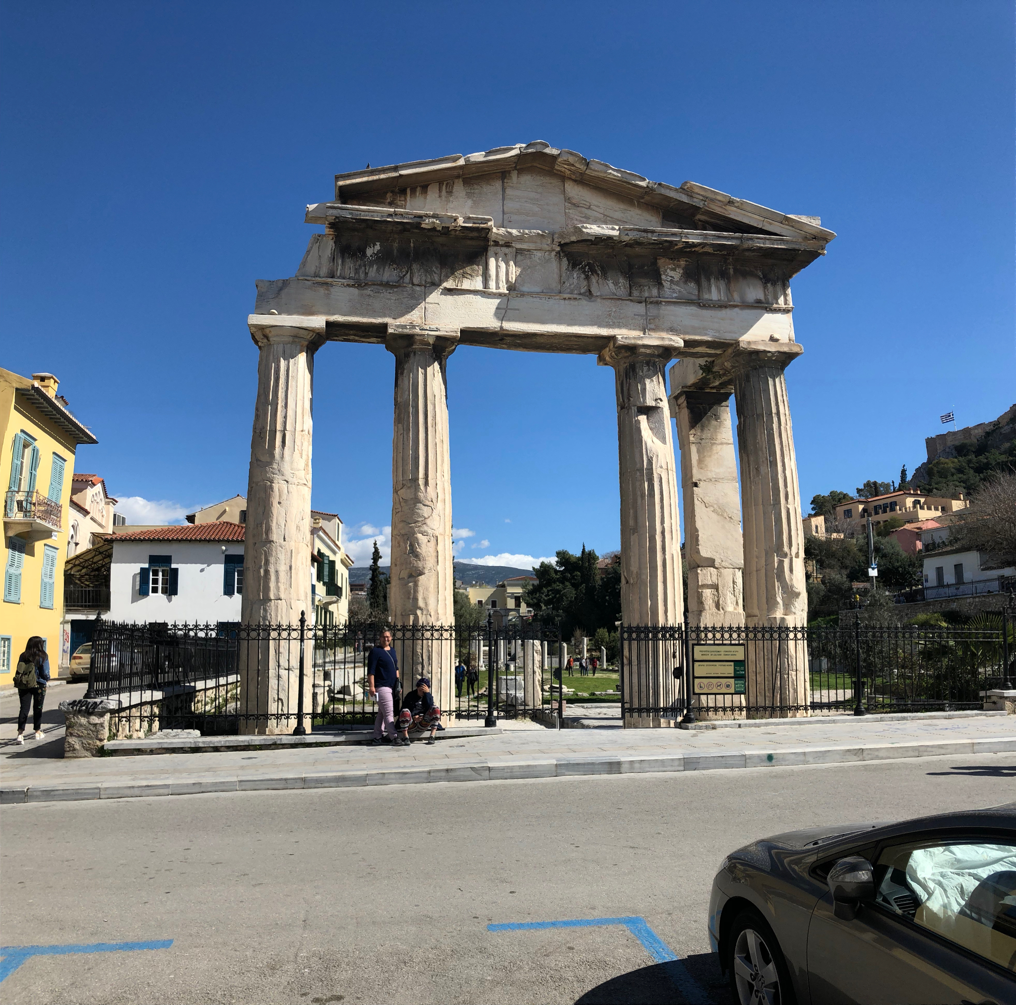 The “Gate of Athena Archegetis”, the west gate of the Roman forum. Built with funds donated to Athens by Julius Caesar and Augustus. (Not sure what exactly that means but it was built well after Julius’ death, 15 years into the reign of Augustus. Greece had been a Roman province for 100+ years by then.)