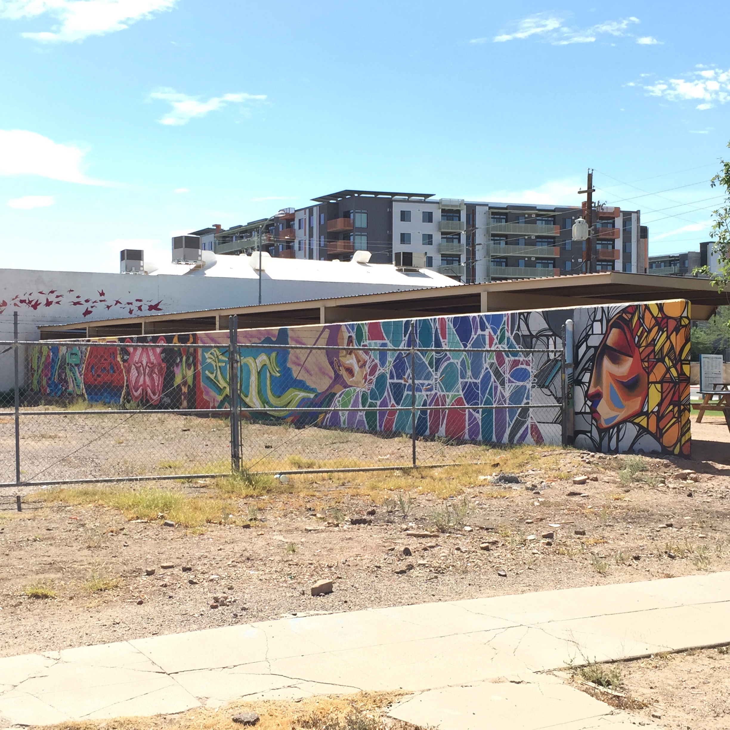 And the block wall by the sunflowers, also out of view of any regular traffic or pedestrians.