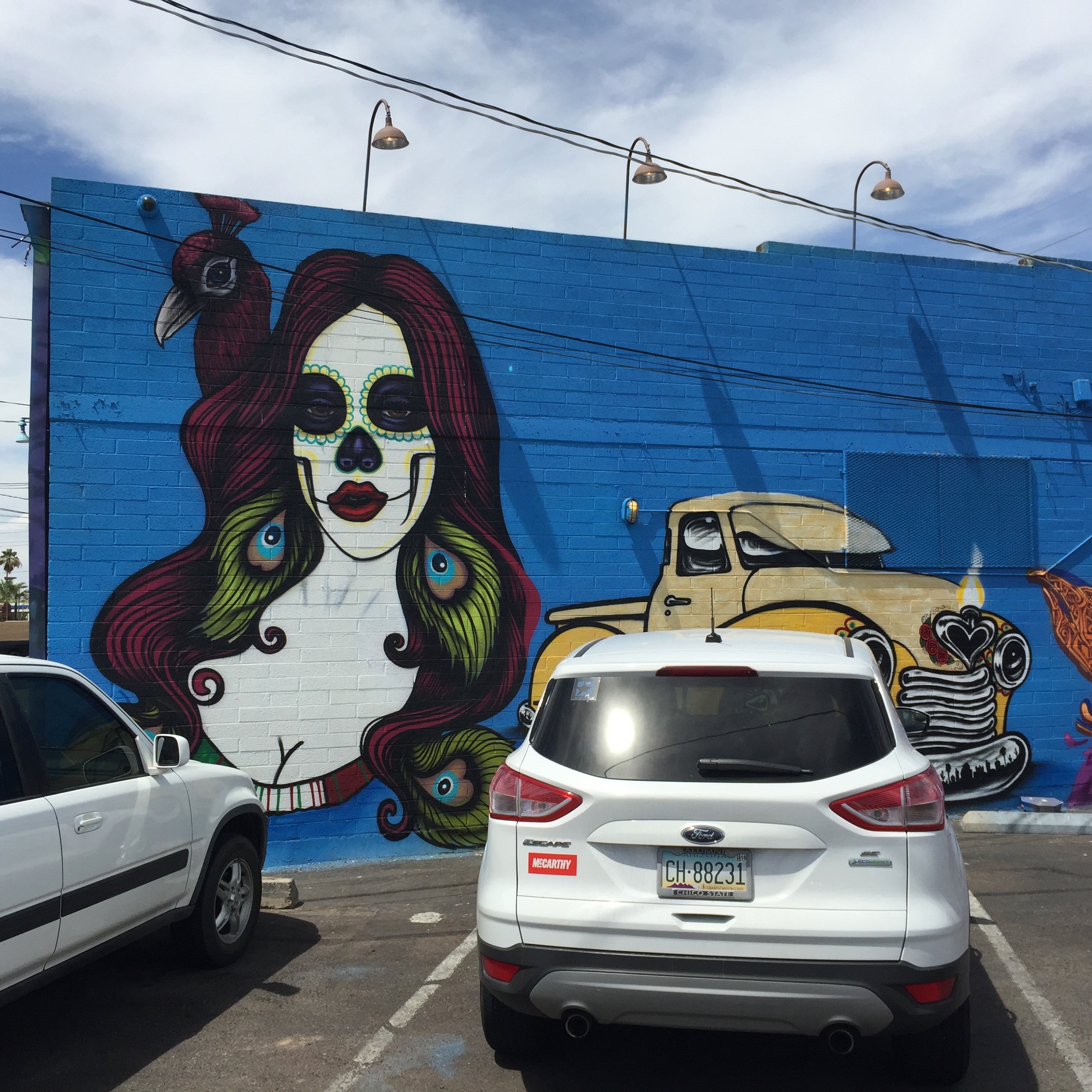 In the parking lot behind Barrio Cafe. The blue of this wall is striking, and of course the subject is gorgeous.