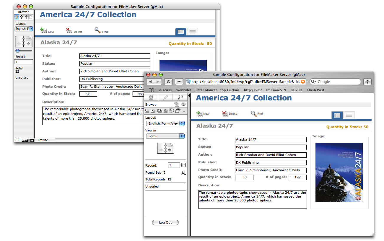 A FileMaker database window showing a nicely designed layout. Beside it, overlapping slightly, is a web browser window showing the same layout.