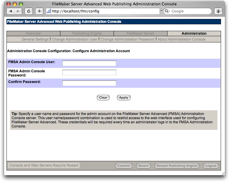 A web browser showing the FileMaker Server Advanced Web Publishing Administration Console. This page input fields to set the server username and password.