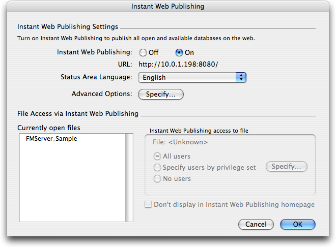 The Instant Web Publishing dialog box. It has On and Off radio buttons, a language setting, and several other options.