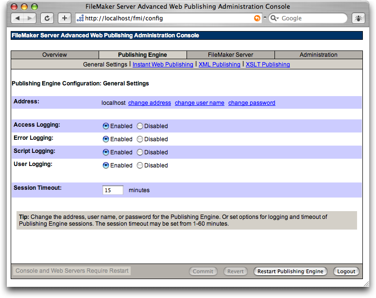 The same browser-based console. The page now shows radio buttons for various logging options as well as links to sections for Instant Web Publishing, XML Publishing, and XSLT Publishing.