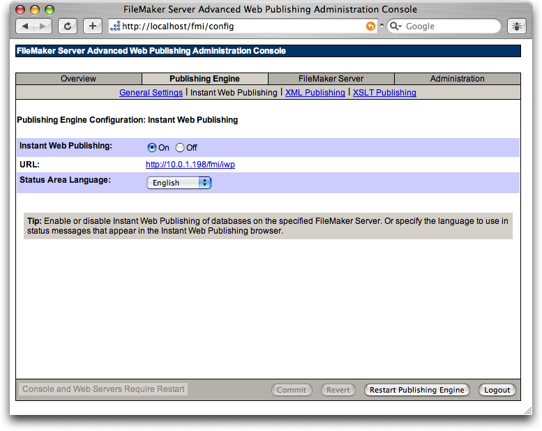 The Instant Web Publishing section in the browser-based FileMaker Server Advanced Web Publishing Administration Console.