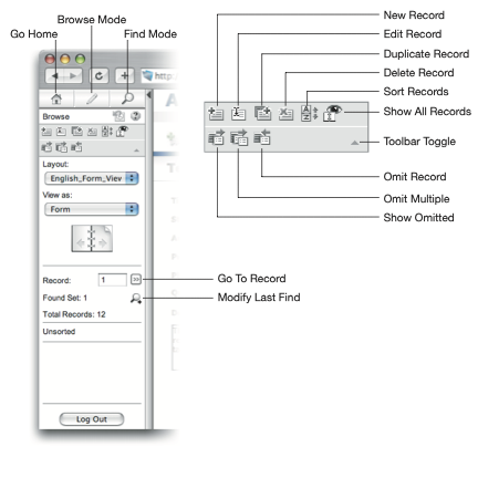 Detail of the Status area in the browser window when using IWP. There are Home, Browse Mode, and Find Mode buttons at the top. A cluster of buttons below this includs New Record, Edit Record, Duplicate Record, Delete Record, Sort Records, Show All Records, Omit Record, Omit Multiple, Show Omitted, and a Toggle Toolbar icon. There are layout and View As pop-up menus, a book icon for navigating records, and buttons for Go To Record and Modify Last Find. Finally there is a Log Out button at the bottom.