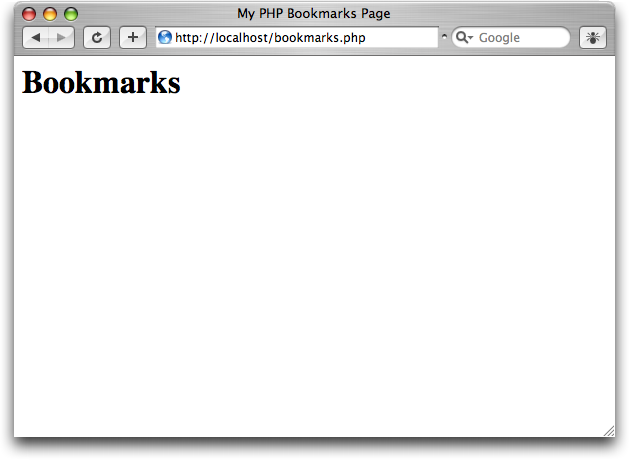 A web browser window showing a mostly empty white page. It has a heading at the top with the text "Bookmarks".