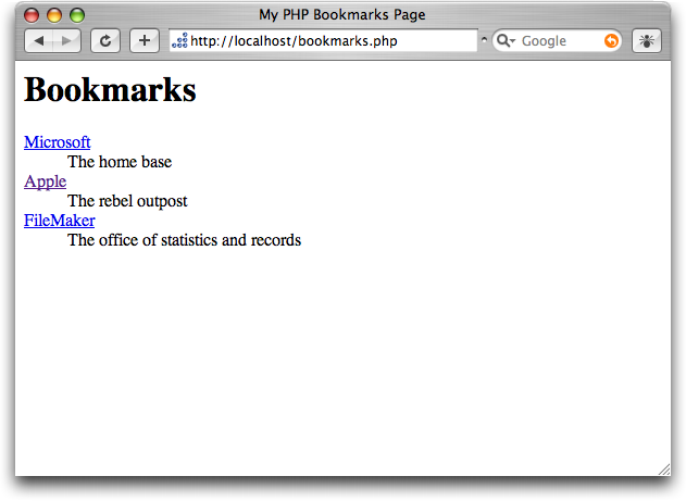 The same browser window from Figure 7. This time it shows three links: "Microsoft", "Apple" and "FileMaker".