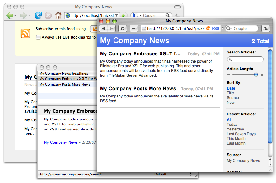 Three windows from three different applications all showing the same RSS feed data. The formatting is different to match the style of each app, but the content is all the same.