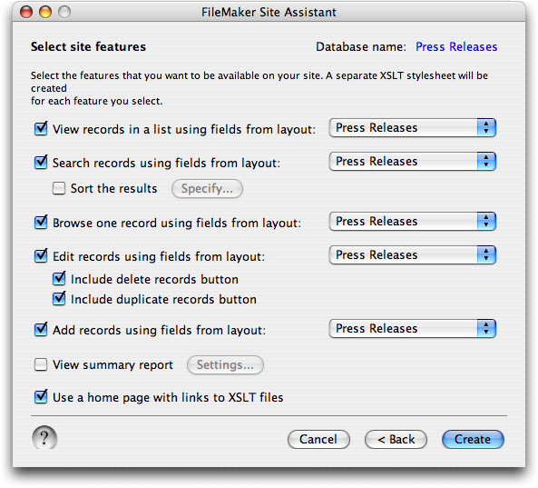 The FileMaker Site Assistant window. At the top is says "Select site features" and then has many checkboxes including "View records in a list using fields from layout" with a layout pop-up menu.