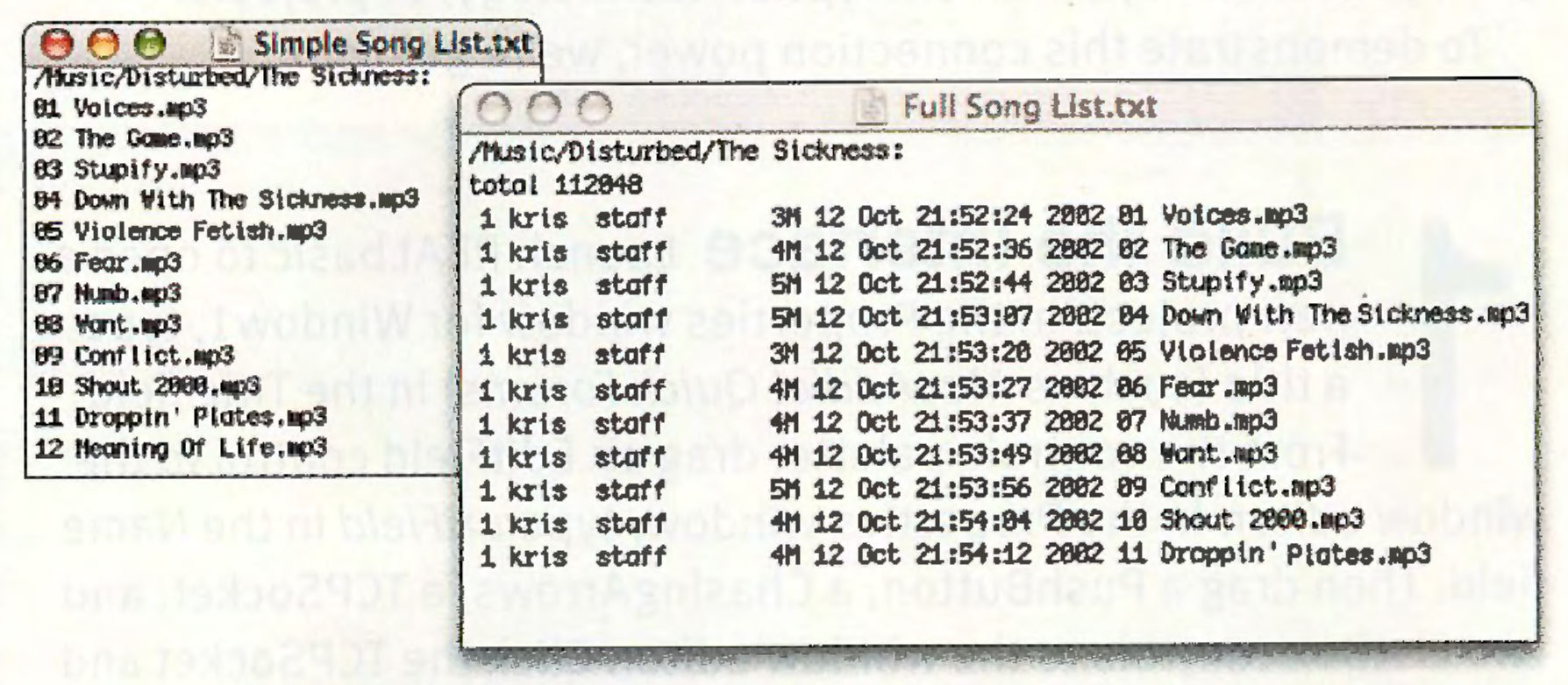 Two overlapping TextEdit windows. One is titled "Simple Song List" and shows a sipmle list of file names. The second is called "Full Song List" and shows the same list of files, with columns for file size, modification date, and permissions.