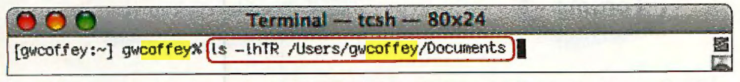 A terminal window with this command entered: "ls -lhTR /Users/gwcoffey/Documents".