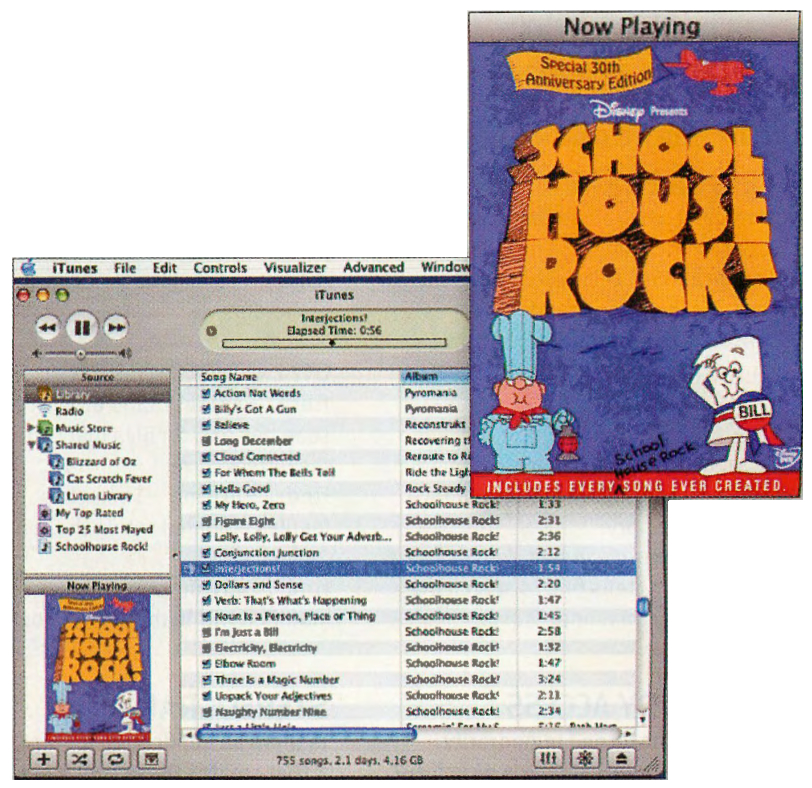 A screenshot of the iTunes window showing tracks from School House Rock. Obscuring a portion of the window is a photograph of the School House Rock DVD package.